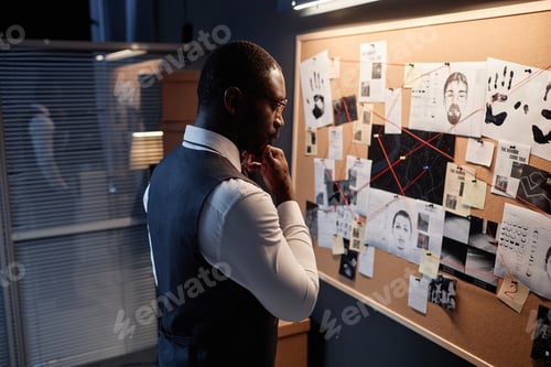 Preview: Detective looking at evidence board in office and thinking investigating case