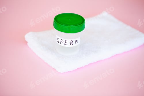 Preview: Sperm Analysis. Concept of Bank Sperm. Infertility Bank with Sperm on Rosy Phoenix with Money