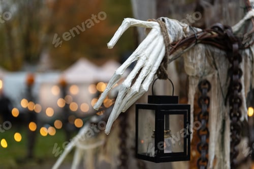 Preview: Halloween ghost hand with lantern on blurred bokeh background