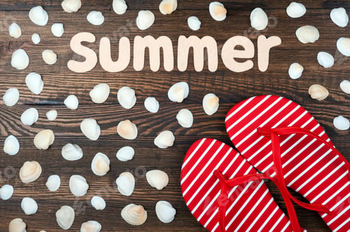 Preview: Summer background. Word Summer, flip flops, and seashells on wooden boards. Summer vacation concept