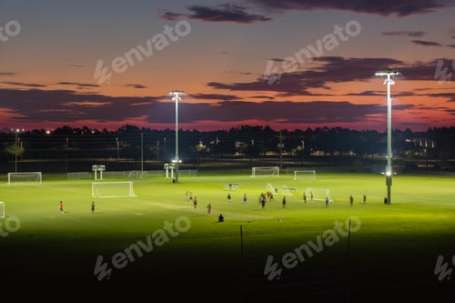Preview: Public sports stadium with young people playing football game at sunset. Active way of life concept