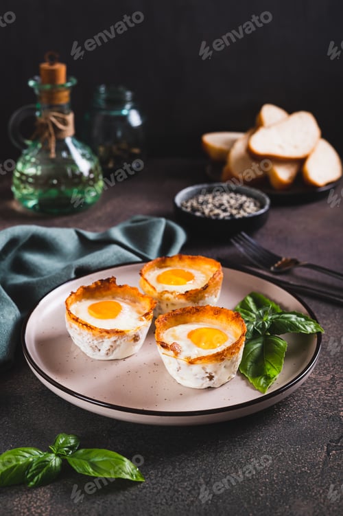 Preview: Chicken eggs baked in bacon and basil leaves on a plate on the table vertical view