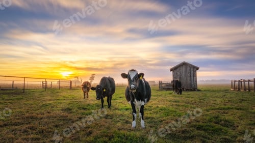 Preview: Beautiful shot of sunset over grazing cows in a pasture near houses and barns in California