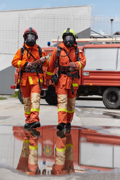 Preview: A team of confident and accomplished firefighters strides purposefully in their uniforms, exuding