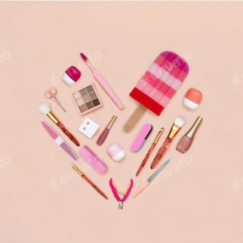 Preview: Flat lay of female fashion accessories as heart form on pink pastel background. Top view