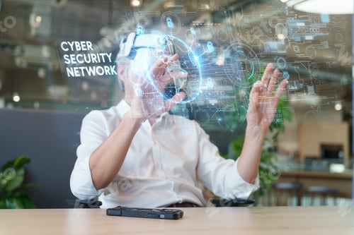 Preview: Man wearing VR headset interacting with futuristic cyber security network interface