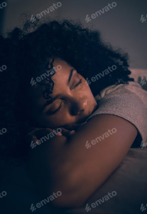 Preview: Woman, sleeping and night with rest and dreaming of a tired girl in a bedroom at home. House, femal