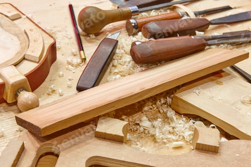 Preview: Luthier workshop with violin parts and tools. Traditional craftmanship.