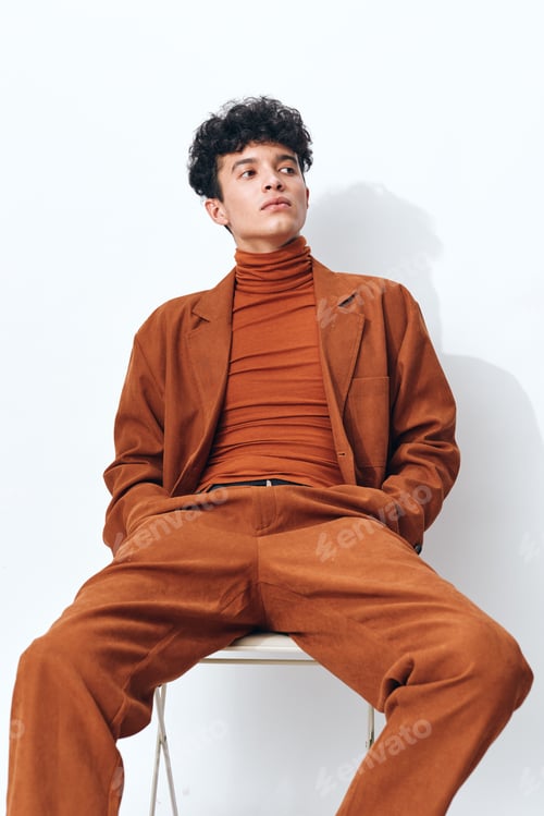 Preview: Student man trendy smiling thoughtful modern clothes fashion pensive beige human portrait lifestyle