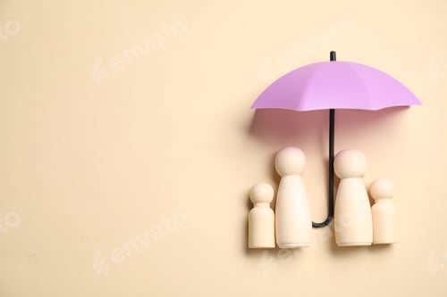 Preview: Human figures under umbrella on beige background, top view with space for text. Insurance concept