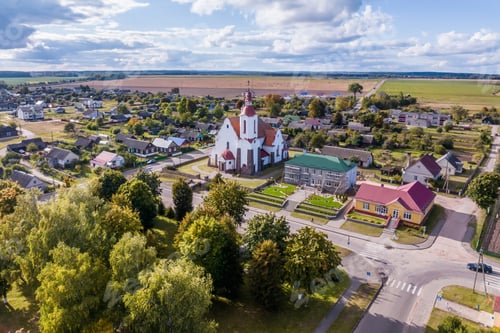 Preview: aerial view on baroque temple or catholic church in countryside