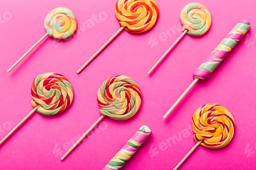 Preview: Set of colorful lollipops on colored background. Summer concept.