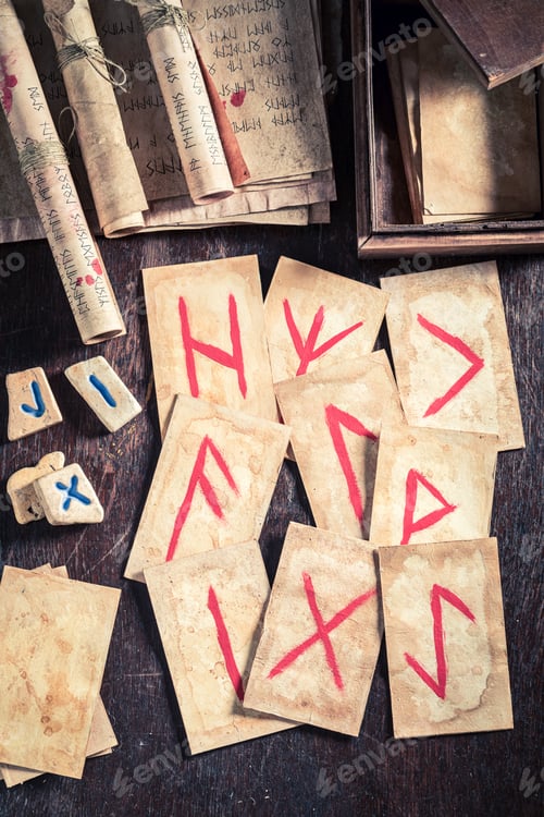 Preview: Weird fortune teller from futhark rune cards and antique scrolls