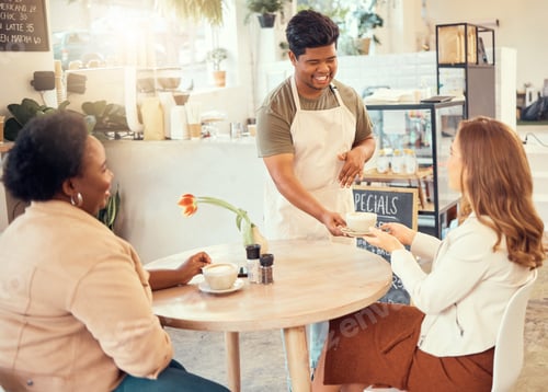 Preview: Waiter, serving and restaurant service for customer at a coffee shop or cafe with friendly worker i