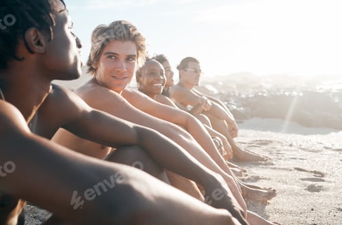 Preview: Beach, diversity and friends on a vacation bonding, talking and sitting together on the sand. Happy