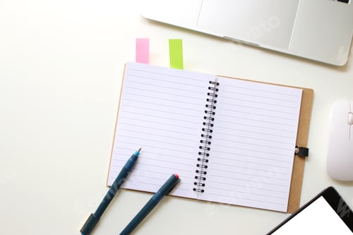 Preview: office table desk. workspace with notebook ,paper book, smartphone, pen and mouse on copy space