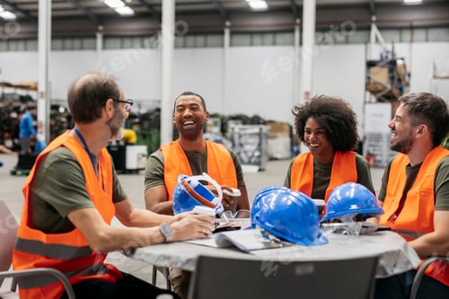 Preview: Multiracial team of engineers having a coffee break in factory