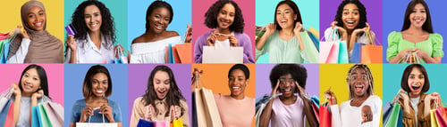 Preview: Happy Customers. Portraits Of Cheerful Multiethnic Women With Shopping Bags In Hands