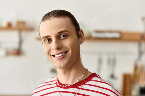 Preview: Handsome young man with feminine style smiles brightly in a cozy kitchen setting
