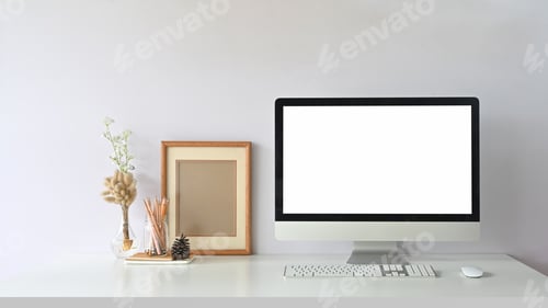 Preview: Computer monitor with white blank screen putting on workspace.