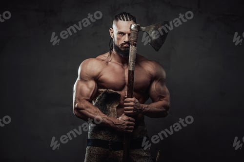 Preview: Northern warrior staying hiding half of his face with axe