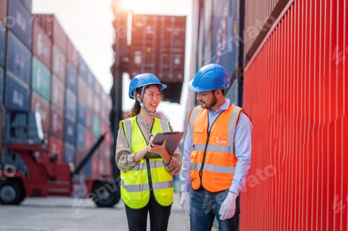 Preview: Engineer and inspector working and discuss in shipping container in Container Terminal.