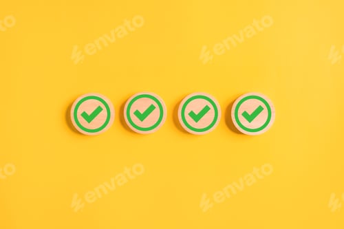 Preview: Check mark guarantee correct icons on wooden cubes on background