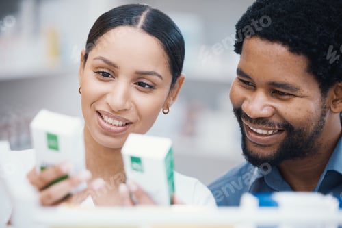 Preview: Pharmacist, worker or helping customer with medicine information, pills instruction or medical cons