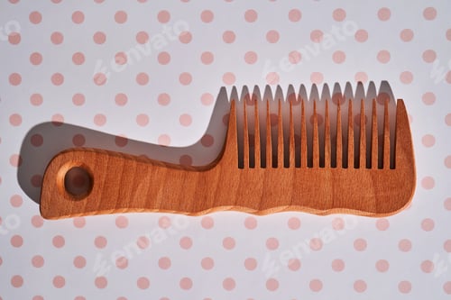 Preview: Wooden comb on a pink polka dot background.
