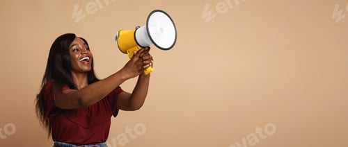 Preview: Emotional black woman with megaphone saying something loud