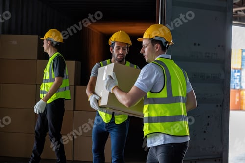 Preview: 3 Workers hand carry carton box take from 40 feet steel container one by one and stack on floor