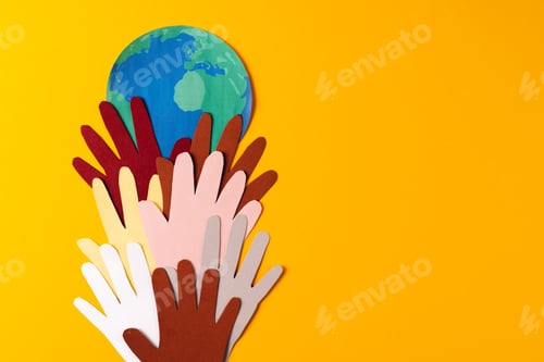 Preview: Cutout Paper Hands Around Earth Globe On Orange