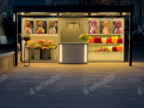 Preview: Colorful flowers stand with pots on a sidewalk at nighttime