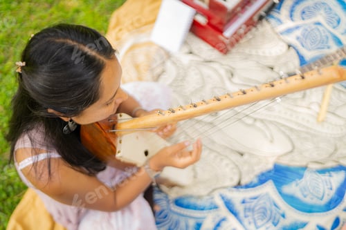 Preview: Woman musician enjoying playing a harp in the park
