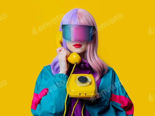 Preview: Style woman in VR glasses and 90s sport suit with dial phone