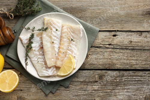 Preview: Fresh raw cod fillets with thyme and lemon on wooden table, flat lay. Space for text