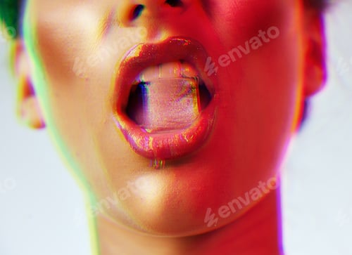 Preview: Woman, beauty and ice cube in mouth for makeup, cosmetics and neon lights background. Sexy woman wi