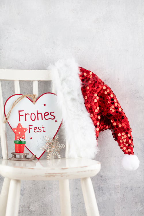 Preview: Christmas Decoration, Santa Claus Hat And Wooden Chair.