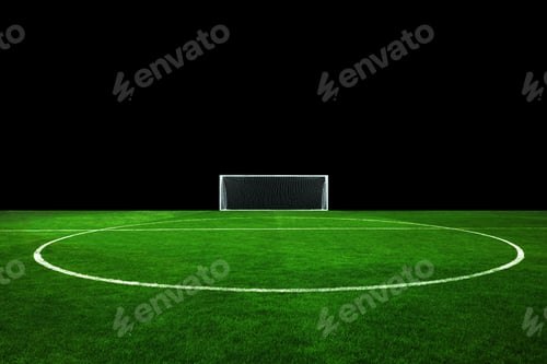 Preview: Football field with gates with green grass in the night. Training and penalties. Green soccer