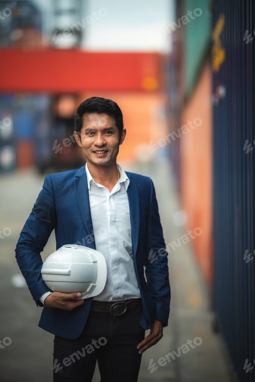 Preview: Portrait of a company executive in a warehouse, industrial port area that shows containers