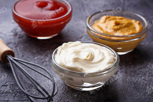 Preview: Set of different sauces: mustard, ketchup, mayonnaise.