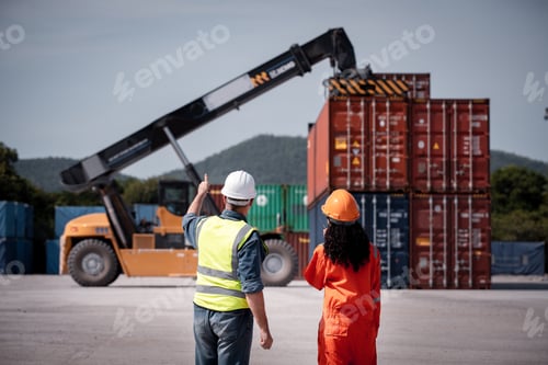 Preview: Engineer worker under working with fork lift container truck is transportation container shipping do