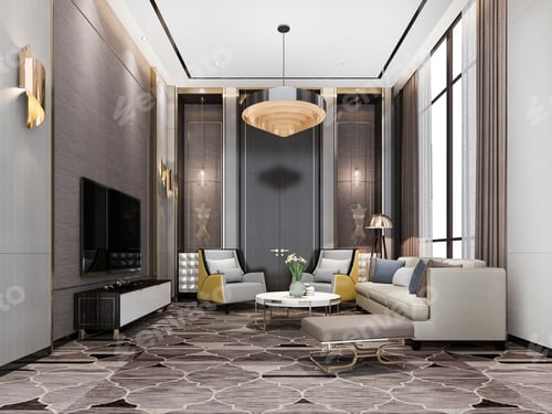 3d rendering classic luxury living room lobby lounge with chandelier and decor