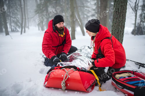 Preview: Mountain rescue service provide operation outdoors in winter in forest, injured person in stretcher