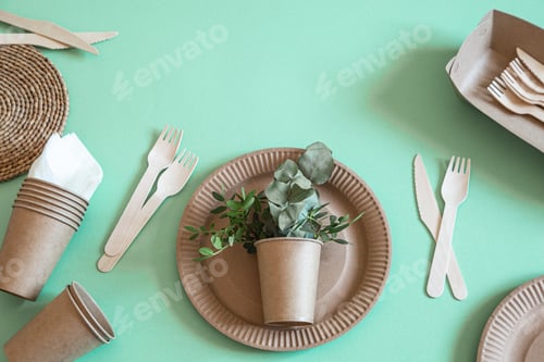Preview: Eco-friendly disposable utensils made of bamboo wood and paper on a trending background.