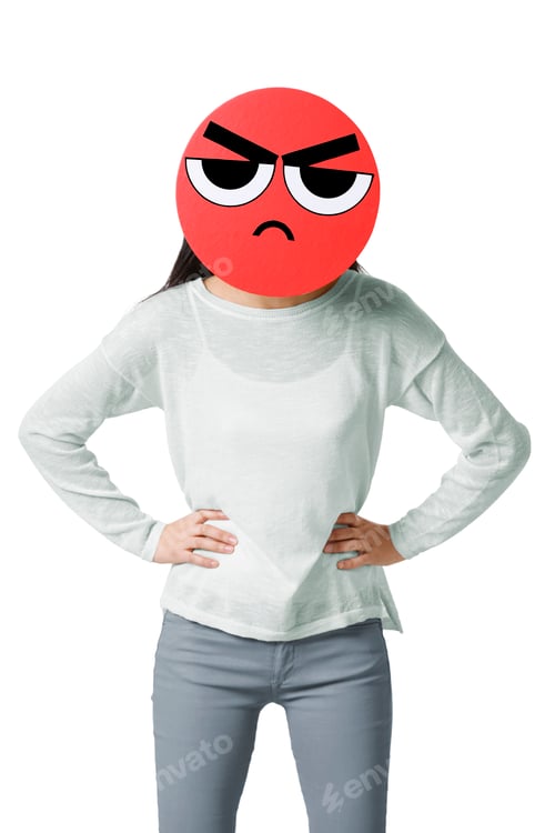 Preview: Young woman with a angry emoticon face in front of her face