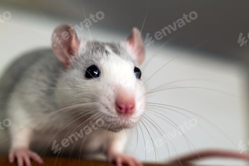 Preview: Closeup of funny white domestic rat with long whiskers