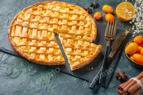 Preview: above view delicious kumquat pie with sliced one piece on dark background dessert sweet bake cookie