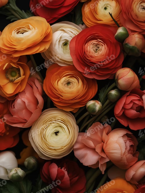 Preview: Floral Arrangement with Orange, Red, and White Ranunculus