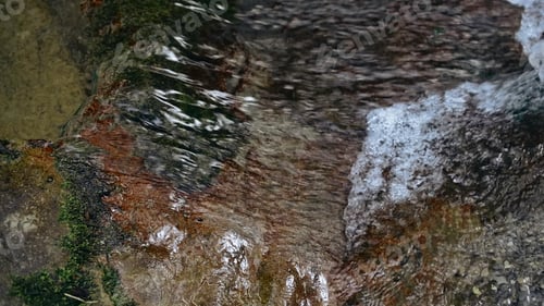 Preview: Close-up of clean river stream. Creative. Streams and splashes of water in forest river. Beautiful